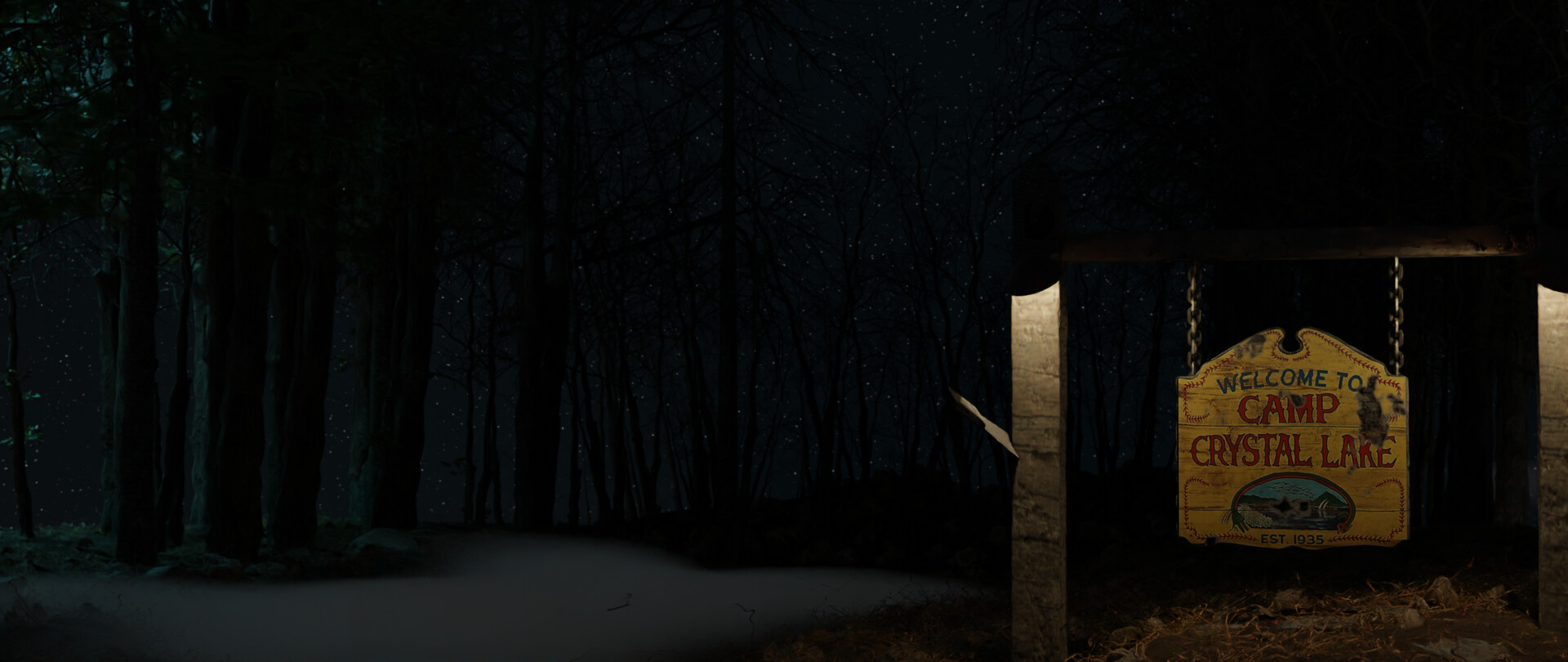 Letrero tenebroso de Camp Crystal Lake en la noche